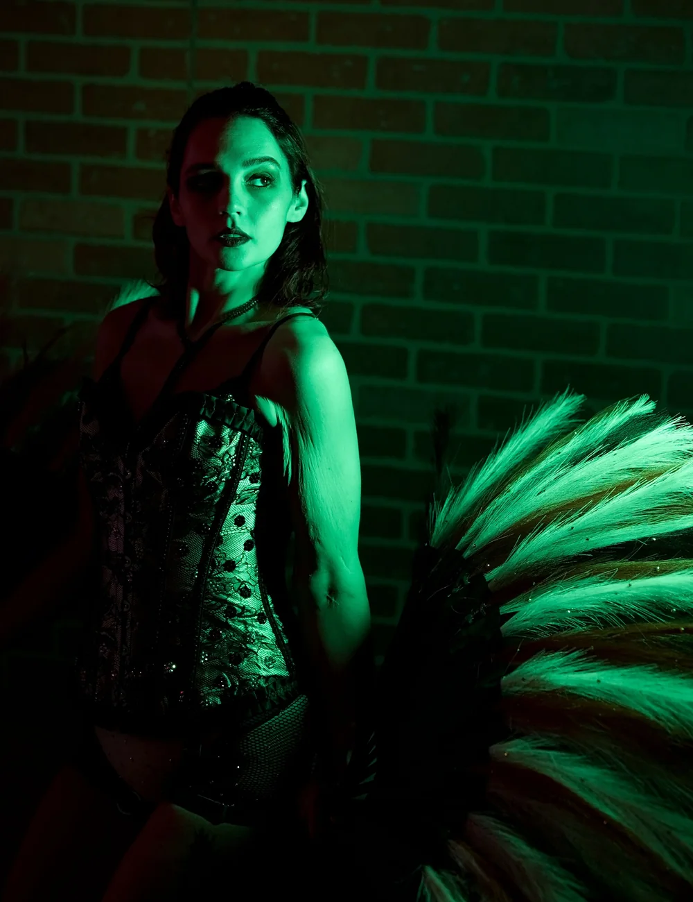 Un artista bajo una luz escénica verde contra una pared de ladrillo, con un vestuario de lentejuelas y plumas (fotografía representativa de un espectáculo de cabaret, no del elenco de Maison Milano)