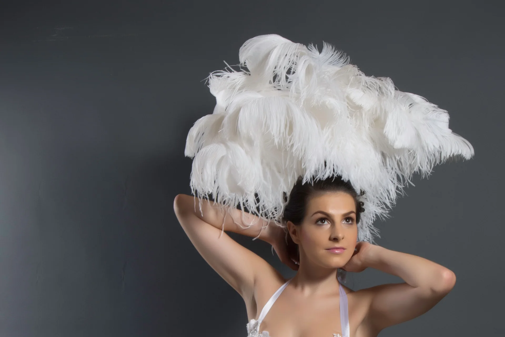 Un artista con un elaborado tocado de plumas blancas y un traje con abalorios sobre un fondo gris liso, con las manos alzadas hacia la corona de plumas (fotografía representativa de un artista de estilo cabaret, no del elenco propio de Maison Milano)